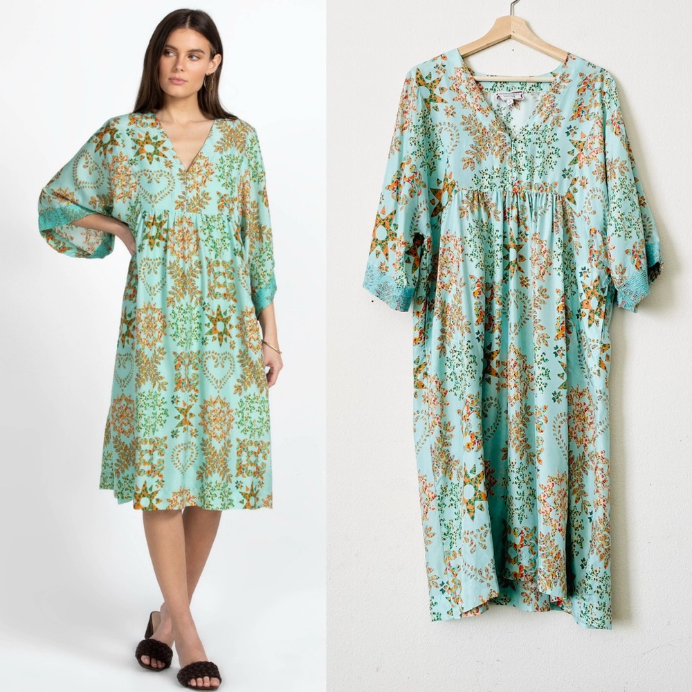 Johnny Was MEDIUM 100% silk Corbetta kimono dress in turquoise print
